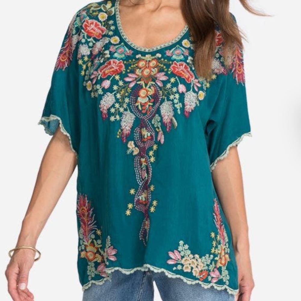 EUC JOHNNY WAS Embroidered Teal Floral Women's Top XS